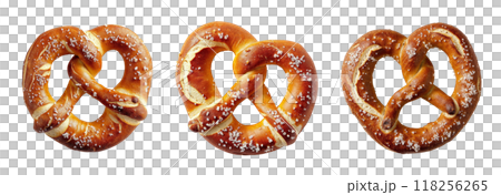 Three traditional salty pretzels on a transparent background for Oktoberfest themed design 118256265