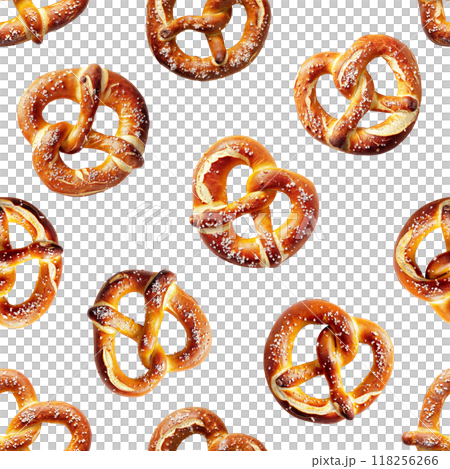 Seamless pattern of realistic Bavarian pretzels on a transparent background perfect for festive themes and culinary designs. 118256266
