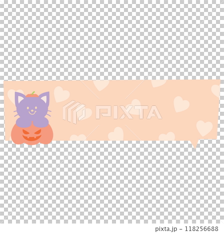 Illustration of Halloween text bubble with cat and pumpkin on orange heart background for decoration, text, message, speech, chatting, dialogue, cartoon, comic, masking tape, sticker, print, campaign 118256688
