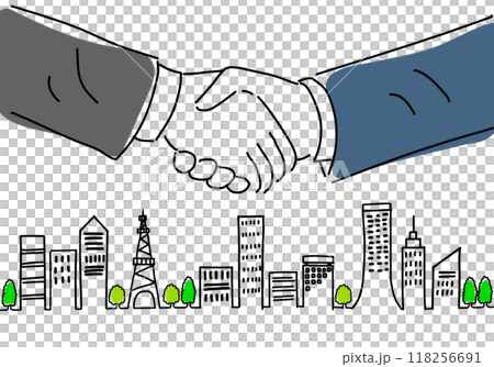 辦公室工作人員握手和城市景觀的粗手繪圖 118256691