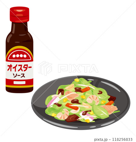 ボトル入りのオイスターソースと皿に盛られた野菜炒め 118256833
