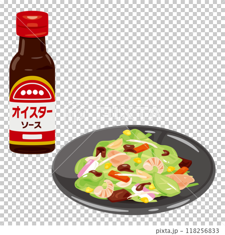 ボトル入りのオイスターソースと皿に盛られた野菜炒め 118256833