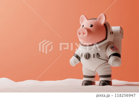 Cosmic Savings, Piggy Bank in Space Suit on the Moon with Glowing Coin, 3D Rendered Isometric Scene 118256947
