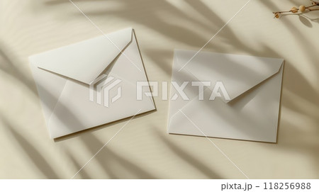 Two white envelopes with a shadow on the table 118256988