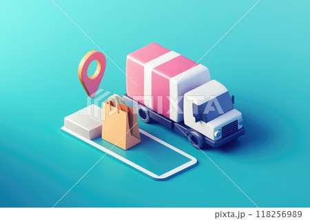 A white truck with a pink box and red pin location marker, Concept of transportation and logistics 118256989
