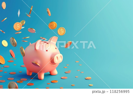A happy piggy bank with flying coin, Concept of saving money and smart investments A happy piggy bank with flying coin, Concept of saving money and smart investments 118256995