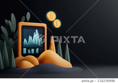 Futuristic Financial Portfolio Display with Holographic Coins in Dark Gradient Environment for Advertising Banner 118256996