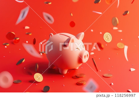A happy piggy bank with flying coin on red tone background, Concept of saving money and smart investments 118256997