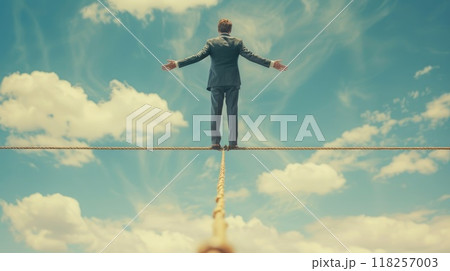 A man standing on a tightrope with a rope in front of him 118257003