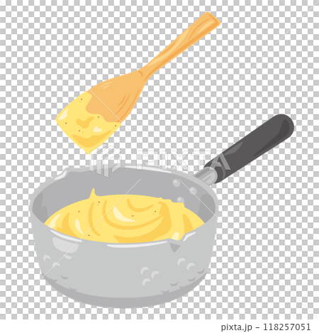 Custard cream in a pot and a wooden spatula 118257051