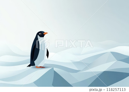 A penguin stands on a snowy surface, a cold and isolated feeling, as the penguin is alone in the vast white landscape 118257113