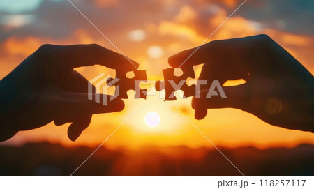 Connecting Puzzle Pieces at Sunset, Symbolizing Teamwork, Promotion, and Business Partnership, Minimalist Business Concept Connecting Puzzle Pieces at Sunset, Symbolizing Teamwork, Promotion, and Business Partnership, Minimalist Business Concept 118257117
