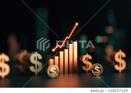 A financial chart rising upward surrounded by neon-lit currency symbols and data streams A financial chart rising upward surrounded by neon-lit currency symbols and data streams 118257120