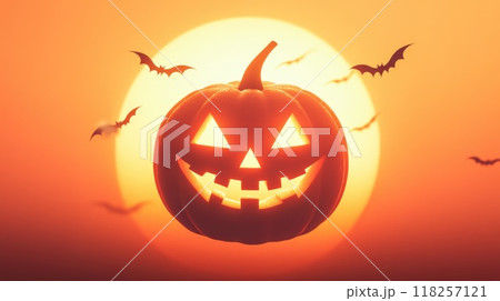 A pumpkin with a smiley face on it is surrounded by bats flying in the sky, Halloween theme A pumpkin with a smiley face on it is surrounded by bats flying in the sky, Halloween theme 118257121