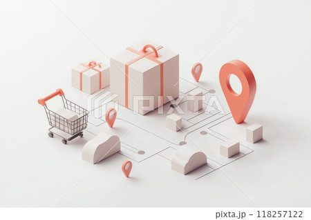 A white background with a shopping cart and a box with a red ribbon, Concept of delivery and logistics A white background with a shopping cart and a box with a red ribbon, Concept of delivery and logistics 118257122