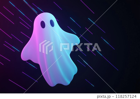 A translucent ghost floating in mid-air surrounded by a dark holographic background with neon purple and blue highlights 118257124