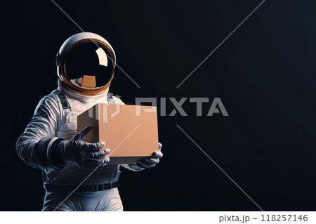 An astronaut clutching a box, symbolizing high-tech delivery and transportation. The dark space-themed background An astronaut clutching a box, symbolizing high-tech delivery and transportation. The dark space-themed background 118257146