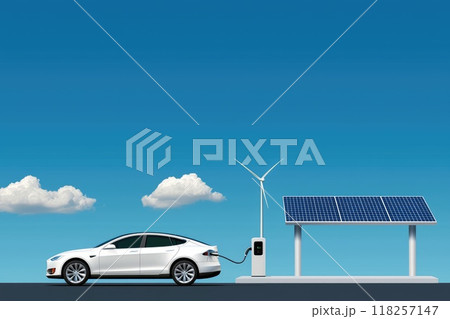 Eco-Friendly Electric Car Charging at Solar Station with Wind Turbines, Green Energy Concept in 3D Illustration 118257147
