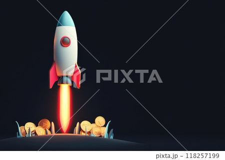 A rocket is launching into the sky with a pile of coins on the ground, Concept of business start up and growth 118257199