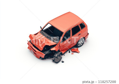 A red car is in a wrecked state, with its front end smashed 118257200