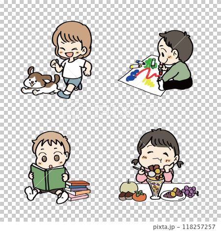 スポーツ、読書、芸術、食欲の秋　子どもイラストセット 118257257