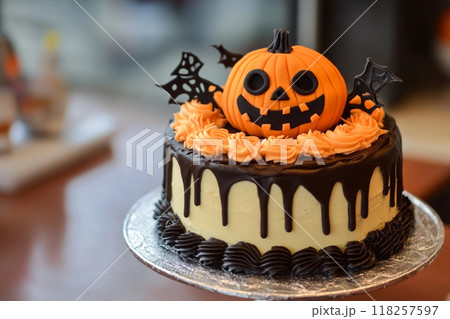 ジャック・オー・ランタンが乗ったデコレーションケーキ 118257597