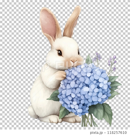 Cute rabbit with Hydrangea bouquet, watercolorのイラスト素材 [118257610] - PIXTA