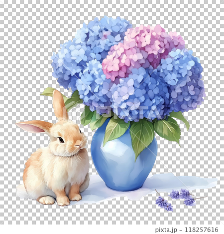 Cute rabbit with Hydrangea bouquet, watercolorのイラスト素材 [118257616] - PIXTA