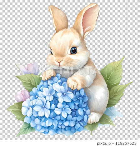 Cute rabbit with Hydrangea bouquet, watercolorのイラスト素材 [118257625] - PIXTA