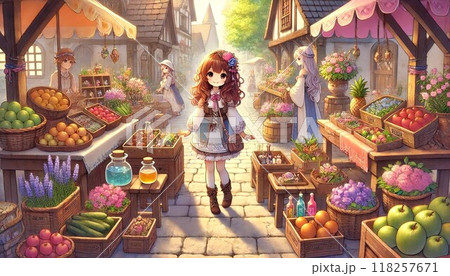ファンタジーの市場で買い物を楽しむ少女 118257671