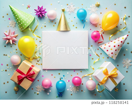 Happy New Year Greeting Card with Whiteboard for Writing, Decorated with Gift Boxes, Balloons and Party Hats, Designed for Posters, Print Media and Social Media 118258141