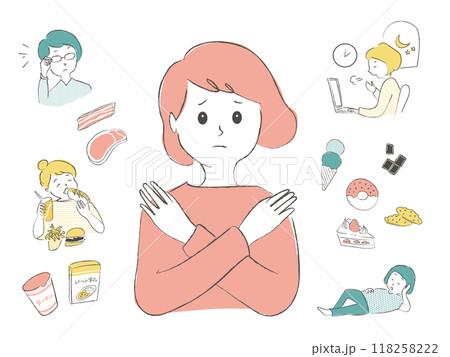 腸内環境を悪化させる原因のイラスト セット 腸内環境を悪化させる原因のイラスト セット 118258222