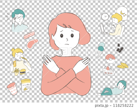 腸内環境を悪化させる原因のイラスト セット 腸内環境を悪化させる原因のイラスト セット 118258222