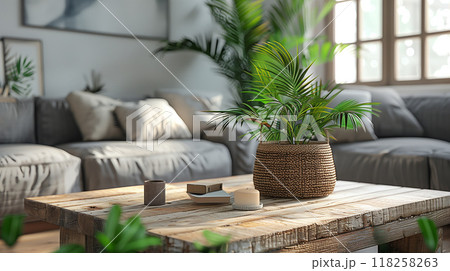 Adjacent to the plant sits a charming wicker basket, exuding a rustic charm and providing a practical storage solution 118258263