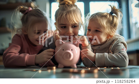 Woman and two girls are carefully inserting coins into a piggy bank 118258264