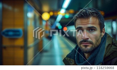 Handsome man stands alone, yet surrounded by the hustle and bustle of the city 118258668