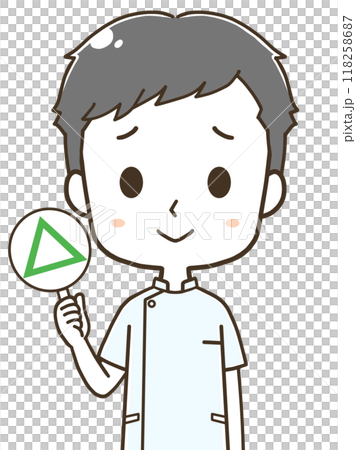 三角の札を持つ若い男性看護師の上半身イラスト 118258687