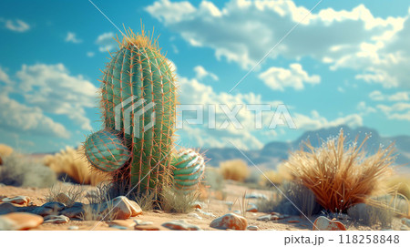 Cactus stands resilient, its intricate details illuminated by the clear, vibrant sky 118258848