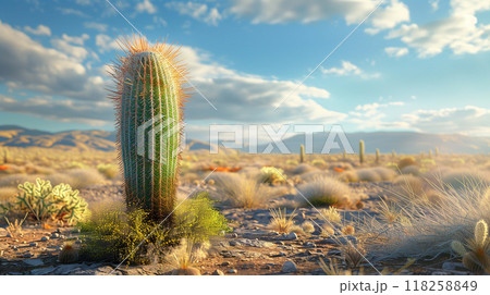 Desert horizon is interrupted by the presence of a solitary cactus 118258849