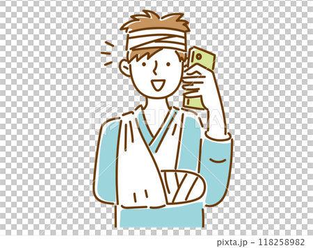 Smiling young man with a broken arm and a bandage on his head making a phone call 118258982