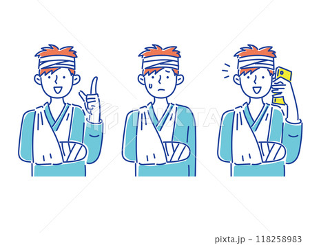 骨折した腕を三角巾で吊って、若い男性のセットイラスト 118258983