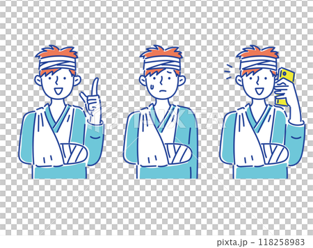 骨折した腕を三角巾で吊って、若い男性のセットイラスト 118258983