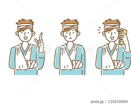 骨折した腕を三角巾で吊って、若い男性のセットイラスト 118258984