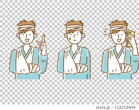 Set illustration of a young man with his broken arm in a sling 118258984