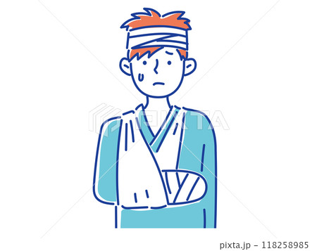 腕のギブスを三角巾で吊って、頭に包帯を巻いている若い男性 腕のギブスを三角巾で吊って、頭に包帯を巻いている若い男性 118258985