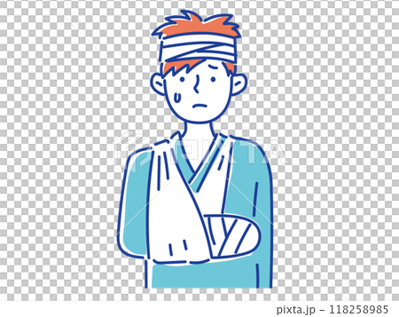 一名年輕男子的手臂打著石膏，頭上纏著繃帶。 118258985