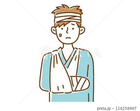 腕のギブスを三角巾で吊って、頭に包帯を巻いている若い男性 118258987