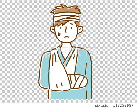 腕のギブスを三角巾で吊って、頭に包帯を巻いている若い男性 118258987