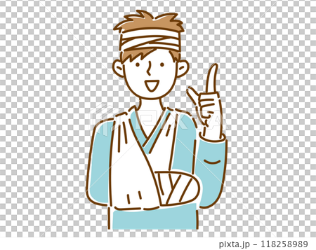腕を三角巾で吊って、頭に包帯を巻いて笑顔で指差しする若い男性 118258989