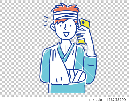 腕を骨折して、頭に包帯を巻いて笑顔で電話する若い男性 腕を骨折して、頭に包帯を巻いて笑顔で電話する若い男性 118258990